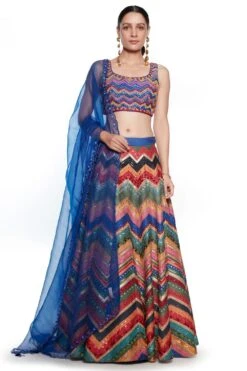 Siddhartha Bansal Blue Chevron Embroidered Lehenga Set