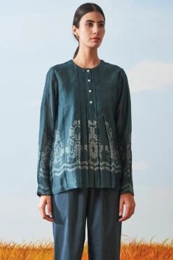 Ikai Teal Shibori Pleated Top