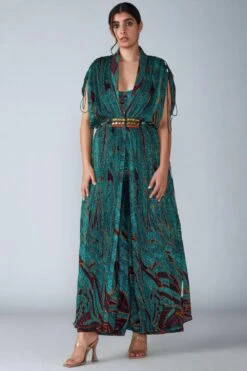 Saaksha & Kinni Green Abstract Avain Printed Kaftan