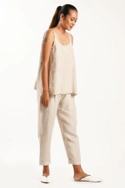 Narrow Linen Pleated Pants With Elastic