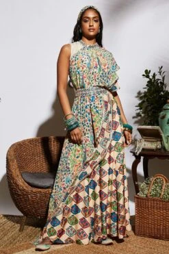 SVA Beige Drape Crop Top & Sharara Set