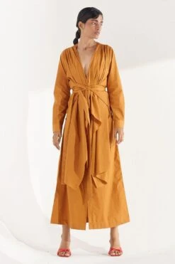 Twinkle Hanspal Mustard Robe Dress With Attached Drapes