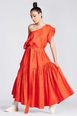 Chola Orange Linen Drop Shoulder Crop Top