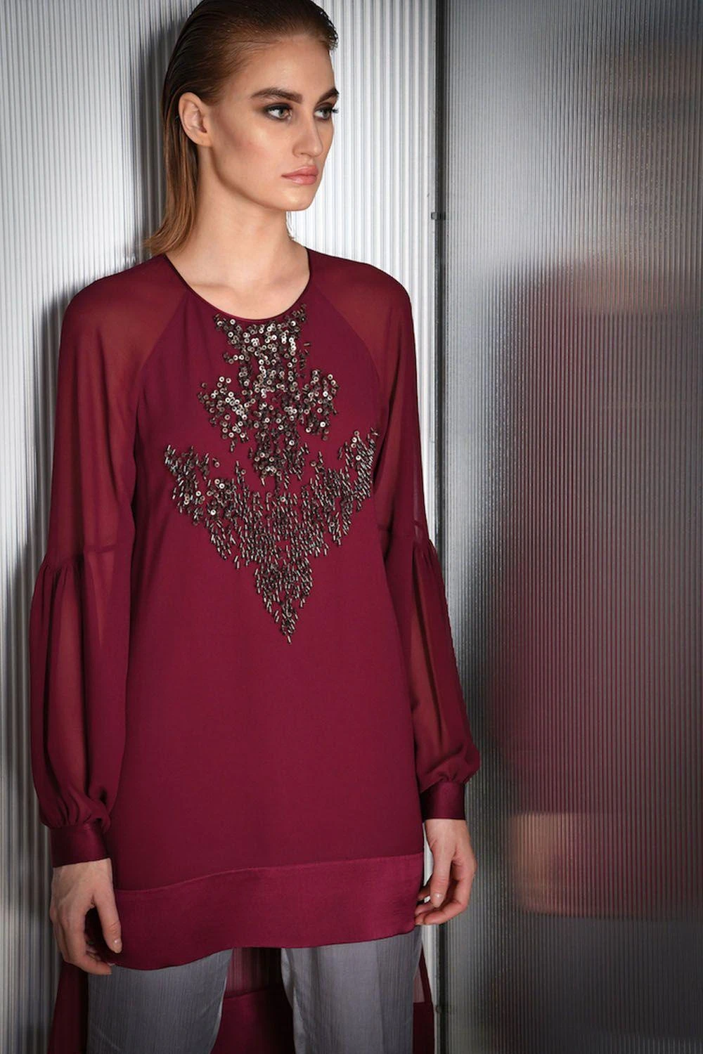 Rohit Gandhi + Rahul Khanna Burgundy Top With Bead Embroidery 2 Rohit Gandhi + Rahul Khanna Burgundy Top With Bead Embroidery - Image 2