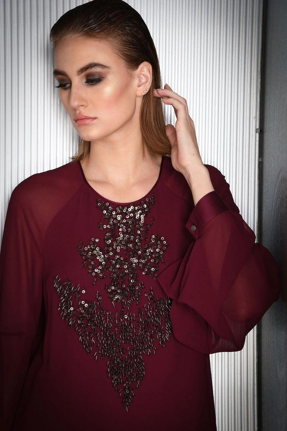 Rohit Gandhi + Rahul Khanna Burgundy Top With Bead Embroidery 3 Rohit Gandhi + Rahul Khanna Burgundy Top With Bead Embroidery - Image 3