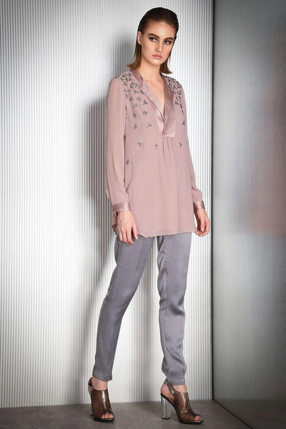 Rohit Gandhi + Rahul Khanna Rose Crystal Embroidered Top With Satin Lapel 1 Rohit Gandhi + Rahul Khanna Rose Crystal Embroidered Top With Satin Lapel