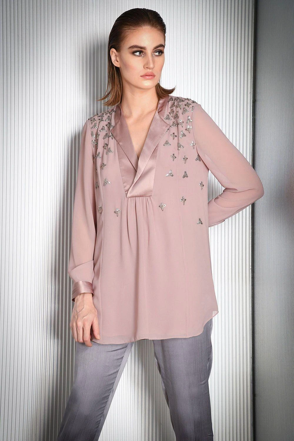 Rohit Gandhi + Rahul Khanna Rose Crystal Embroidered Top With Satin Lapel 2 Rohit Gandhi + Rahul Khanna Rose Crystal Embroidered Top With Satin Lapel - Image 2