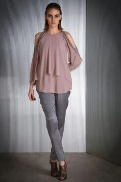 Rohit Gandhi + Rahul Khanna Cold Shoulder Layered Top With Crystal Embroidery