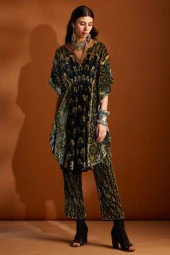 Sunira Designs Mustard Ajrak Hand-block Printed Velvet Kaftan -Echo Clohting Shop v2107a 3