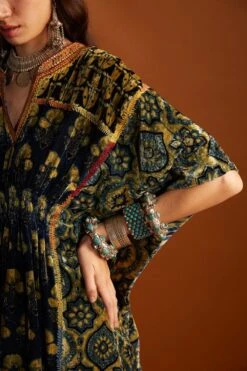 Sunira Designs Mustard Ajrak Hand-block Printed Velvet Kaftan -Echo Clohting Shop v2107a 4